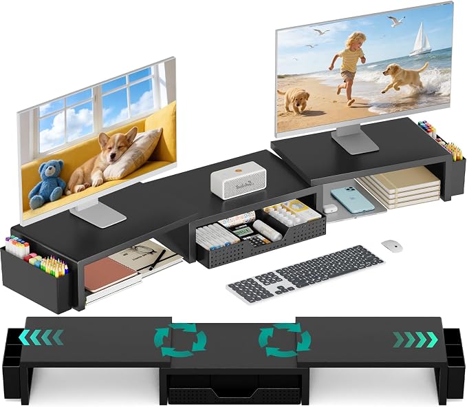 Desk Organizer and Accessories, Dual Computer Monitor Stand Riser by OPNICE