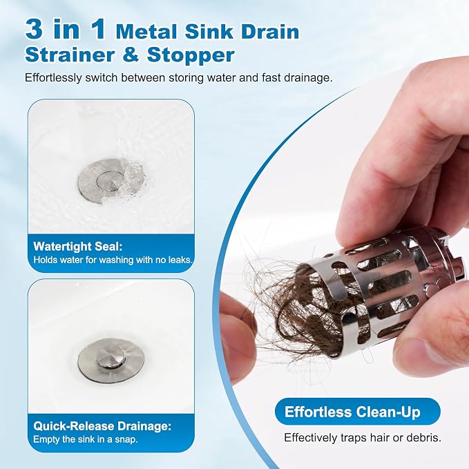 Hibbent 2 Pack Bathroom Sink Drain Strainer, 3 in 1 Pop Up Stopper | Universal - Image 6