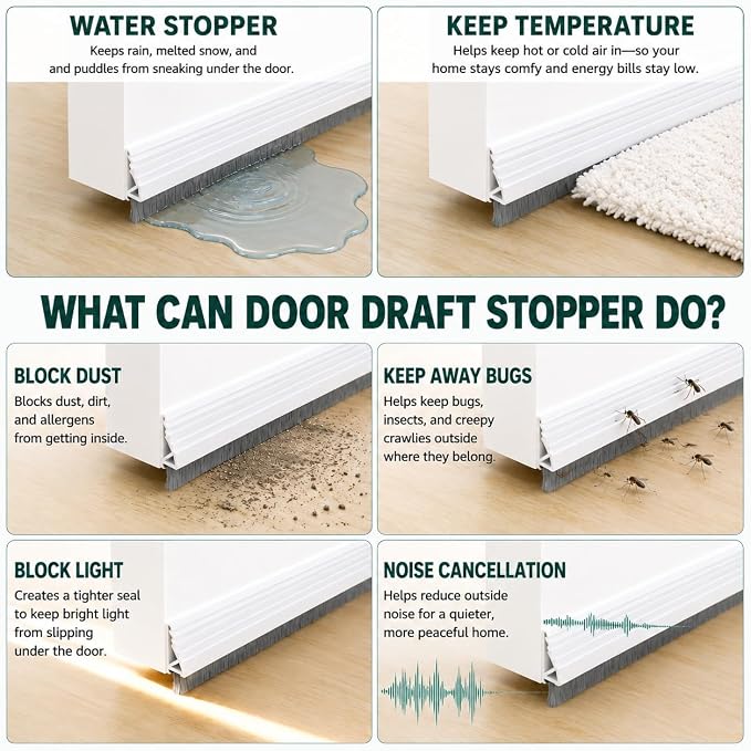 Door Draft Stopper with Brush, 2 Pack | Self Adhesive Weather Stripping - Image 3