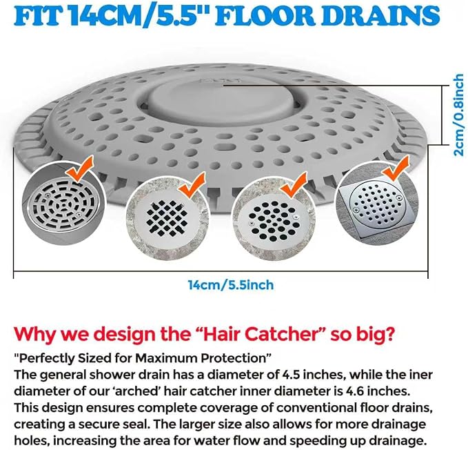 Shower Drain Hair Catcher Silicone Flat Floor Strainer Protector | 2 Pack Gray - Image 4
