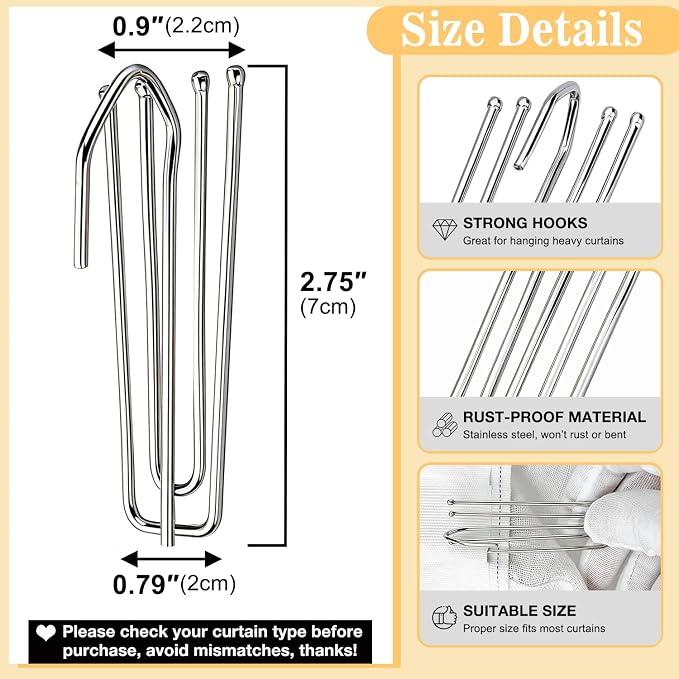 Curtain Pleat Hooks 4 Prongs Pinch Pleat Hook and Pins, 60 Pack | Durable 2mm - Image 2