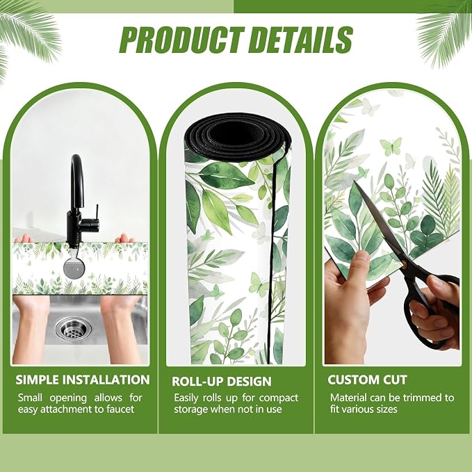 3 Pcs 2 Size Kitchen Sink Splash Guard Faucet Mat Watercolor Leaves Pattern - Image 3