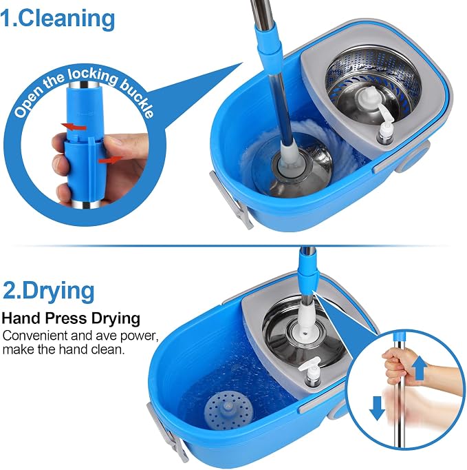 Spin Mop and Bucket with Wringer Set on Wheels, 3 Mop Heads - Image 4