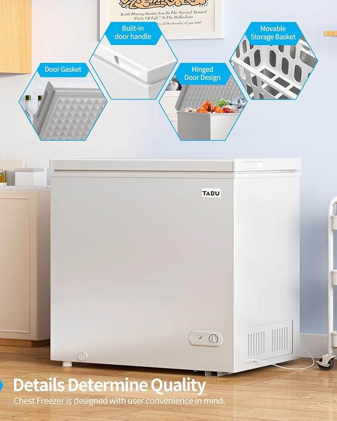 TABU 12.0 Cu Ft Chest Deep Freezer, Large Freestanding Chest Freezer with 7 Level Adjustable Thermostat, Compact Top-opening Deep Freezer with Removable Storage Basket, White