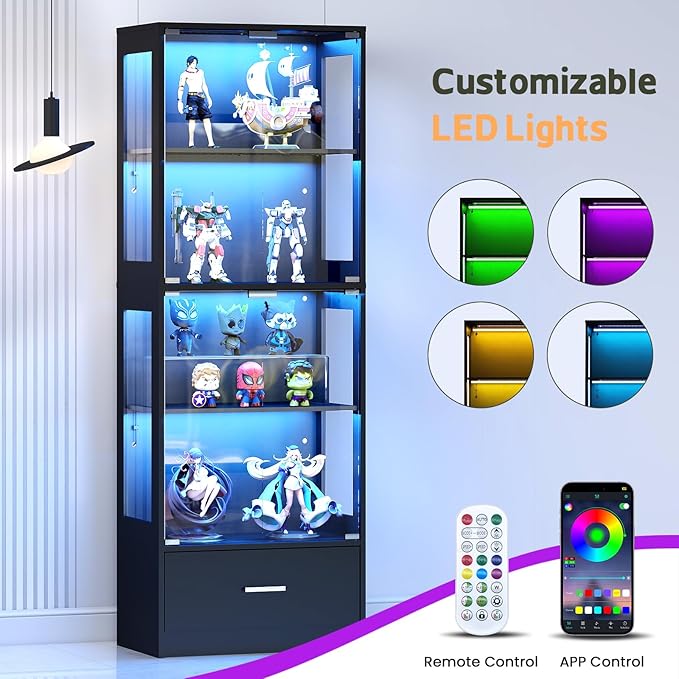 Display Cabinet with Glass Doors - 67" Curio Cabinet with RGB LED Lights and Drawer for Collectibles, 4 Tier Glass Display Case for Living Room, Office, Black(Narrow)