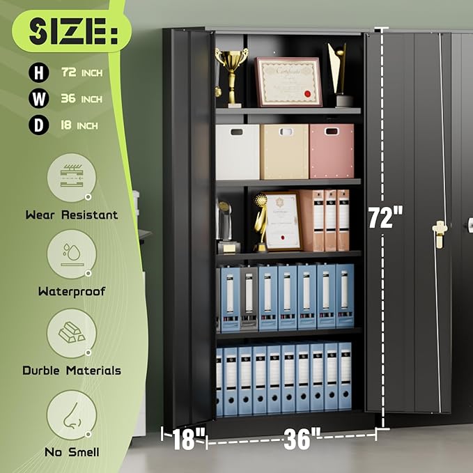 Oakmont Metal Storage Cabinet for Tool Organization, 72" Lockable Garage Storage Cabinets with 2 Doors and 4 Adjustable Shelves, Locking File Cabinet for Office, Home, School (72“ Wide-Black)