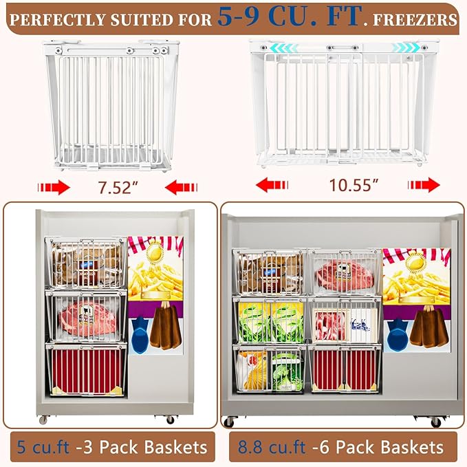 Large Freezer Organizer Bins，Upgraded Bottom Leak-Proof net，Fit 5 to 9 Cu Ft Chest Freezer，4 Pack， Expandable Stackable Chest Freezer Containers with Handle (White-4P)