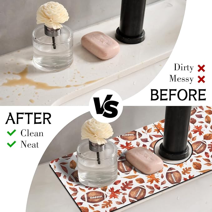 Fall Kitchen Sink Splash Guard Faucet Mat, Football Maple Leaf Autumn - Image 3