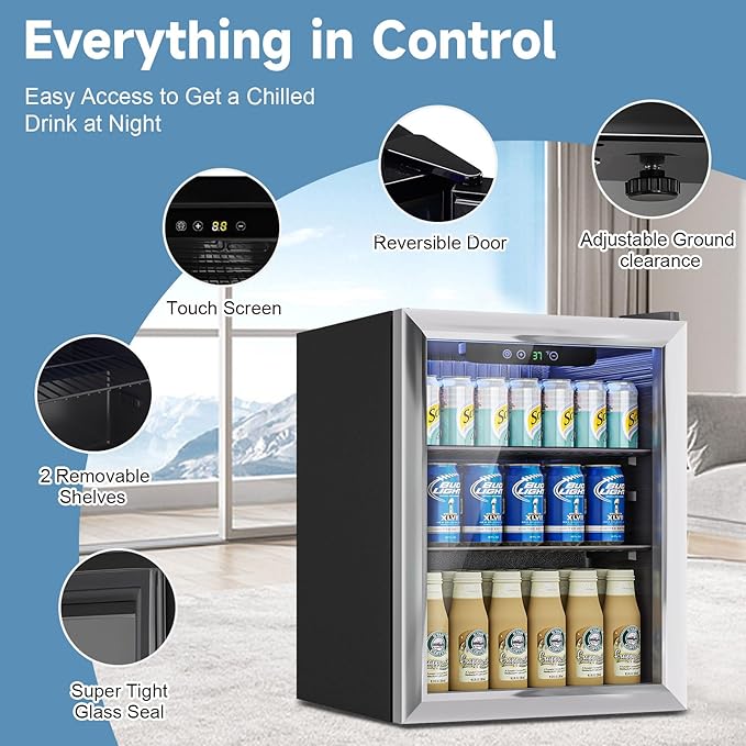 Stopasd Beverage Refrigerator Cooler, 1.7 Cu.Ft/76 Can Drink Fridge with Adjustable Shelves & Glass Door for Soda Wine Beer, Quiet Undercounter Small Fridge for Home/Office/Bar/Garage(37°-61℉), Black