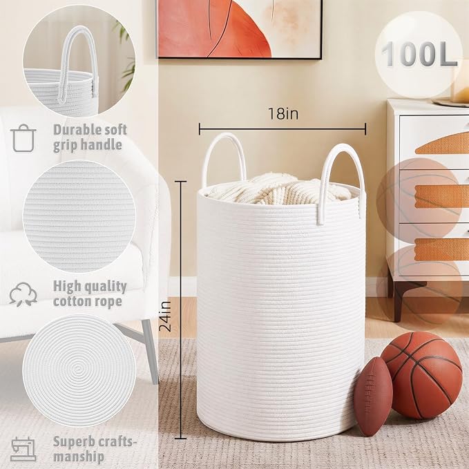 Artfeel Laundry Basket, Woven Cotton Rope Laundry Hamper, 100L - Image 6