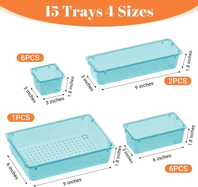 SpaceHacks 15 PCS Plastic Drawer Organizer Set, Drawer Storage Trays | 4-Size - Image 3