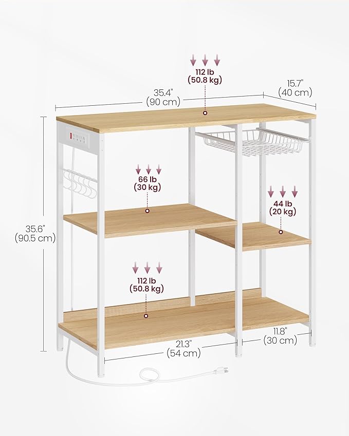 VASAGLE Baker's Rack, Coffee Bar Stand with Charging Station, 35.6 Inches Tall, Storage Shelves, Pull-Out Wire Basket, Table for Microwave, Kitchen, Oak Beige and Ink Black UKKS036Y09