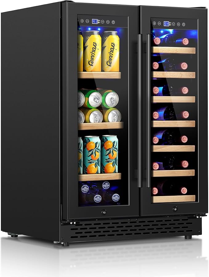 24 Inch Wine and Beverage Refrigerator Under Counter, Dual Zone Black Beverage Fridge with Glass Door&Lock,20 Bottles & 88 Cans Wine and Beverage Cooler, Freestanding Mini Fridge for Bedroom Home