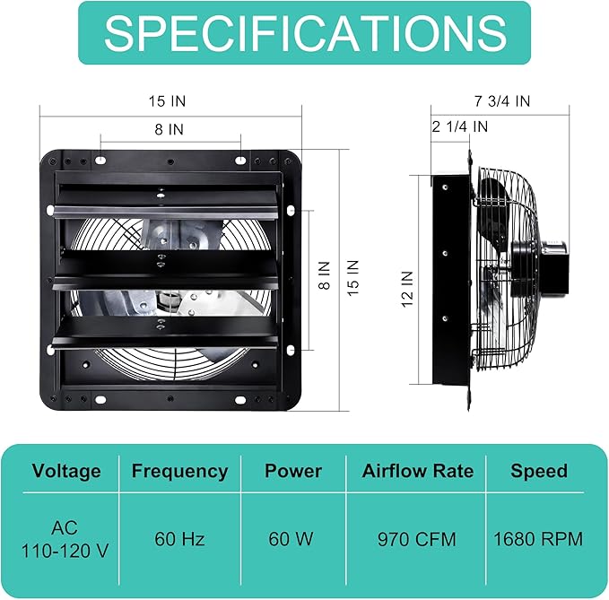 12 Inch Wall Mounted Shutter Exhaust Fan with Thermostat and Speed Controller for Attic, Greenhouse, Shed, Garage, Chicken Coop, Shop, Barn Ventilation, 970 CFM Louvered Vent Fan, Black