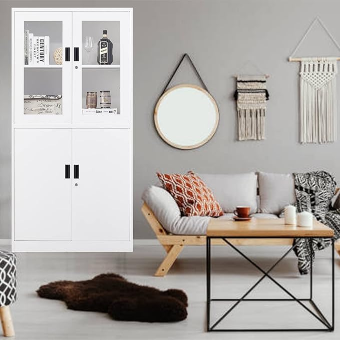 SISESOL Storage Cabinet with Glass Doors and Shelves, Freestanding Kitchen Pantry Cabinet for Home, Office, Bathroom
