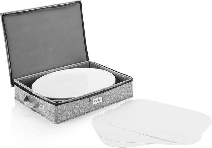 Platter Storage Case - Hard Shell and Stackable with Padded Interior - Fits 4 Serving Platters - 3 Large Felt Dividers Included - 17"W x 13"D x 4"H - China Storage Containers for Plates