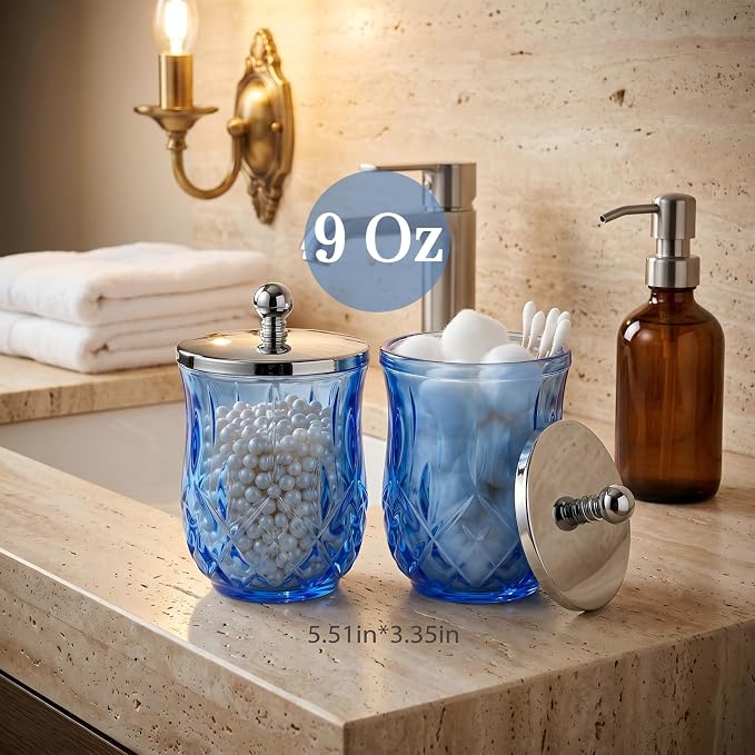 2 Pack 10Oz Blue Q-Tip Holder, Round Thick Glass - Image 2