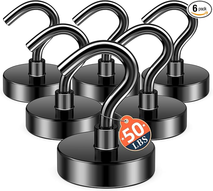 FINDMAG Magnetic Hooks for Cruise Cabins, 50LB+ Magnet Hooks, 6 Pack Black by FINDMAG