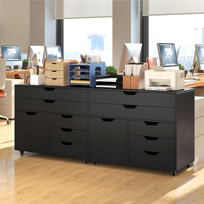 File Cabinet, Black Filing Cabinet w/Universal Wheels, Wood Printer Stand w/Storage, Rolling File Cabinets for Home Office, Living Dining Room (Black, 2 Large Drawers & 3 Small Drawers)