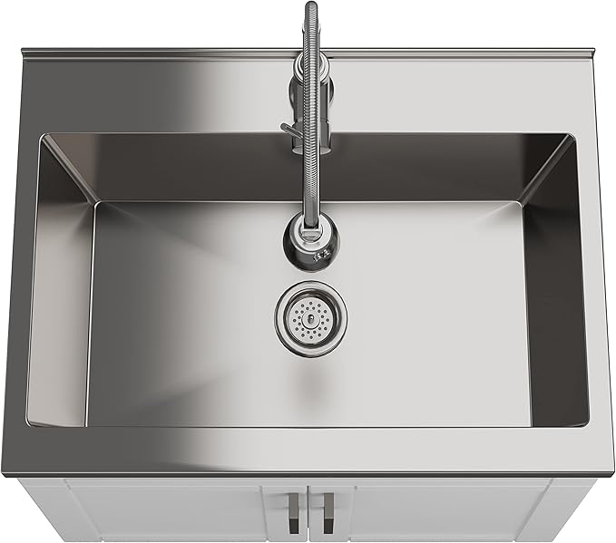 SIMPLIHOME Hennessy All-in-One 28 inch Wide Utility Sink and Laundry Cabinet in Pure White Finish, Transitional Stainless Steel Sink Cabinet for Laundry Rooms with High-Arch Chrome Faucet and Storage