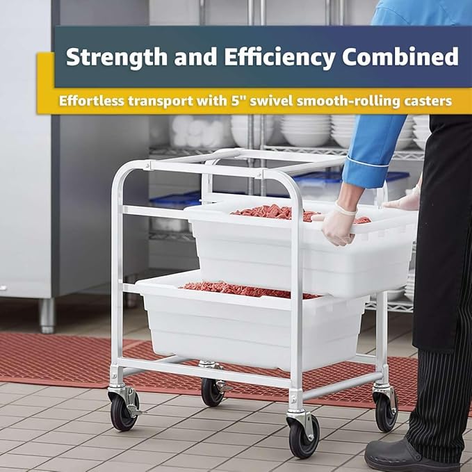 19"x26"x32" Mobile Aluminum Lug Rack with 2 Yellow Meat Lugs / Tote Boxes - NSF Heavy-Duty Commercial Storage Cart, Portable Aluminum Utility Rack with Casters for Kitchen, Restaurant, or Food Prep