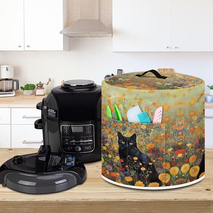 Xoenoiee Black Cat Floral Pattern Kitchen Appliance Dust Covers with Pockets - Compatible with Electric Pressure Cooker, Rice Cooker, Air Fryer - For 6 Qt Pot