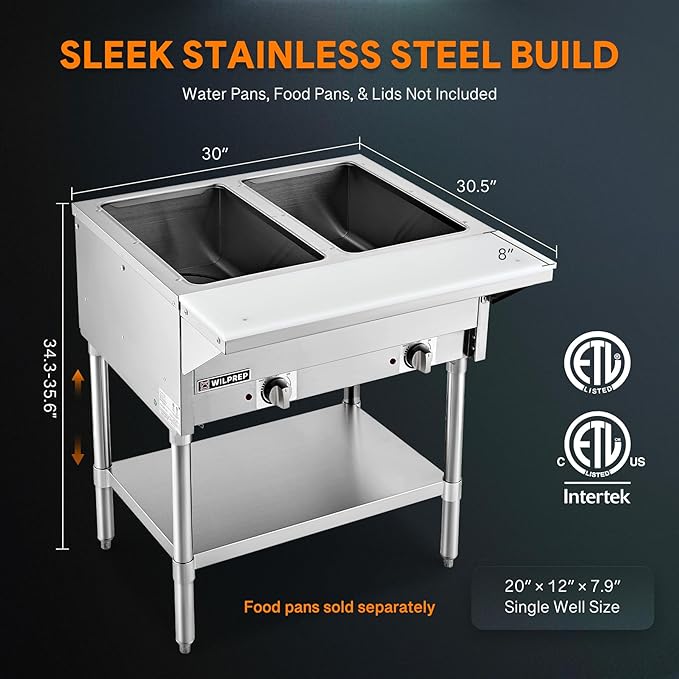 WILPREP 2 Well Commercial Food Warmer, 1000W Electric Steam Table with 8" Cutting Board & Storage Shelf, 30" Stainless Steel Steam Table Food Warmer with Knob Control for Catering Buffets Restaurants