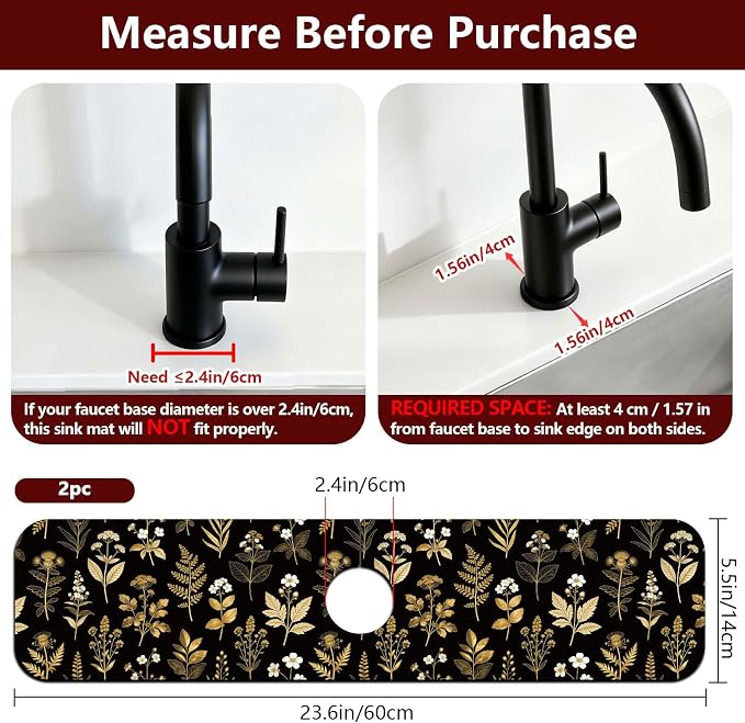 2 Pcs Kitchen Sink Splash Guard Faucet Mat Vintage Gold Leaves Faucet Mat - Image 2