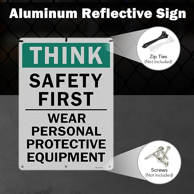 T&R Large Think Safety First Sign Wear Personal Protective Equipment - 14 x 10 Inches Rust Free .040 Aluminum Reflective - UV Protected, Waterproof and Fade Resistant - 6 Pre-drilled Holes