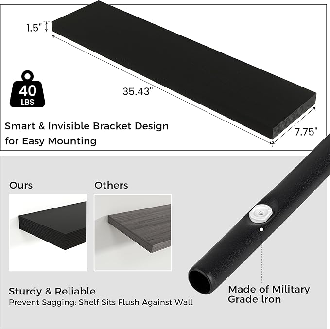Floating Shelves for Wall 36"W x 7.8"D x 1.5"H, Engineered Wood Wall Shelves with Invisible Brackets for Living Room Bedroom Bathroom Office Kitchen Decor and Storage, Black Finish, Set of 2