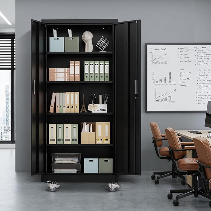 VINGLI Rolling Metal Storage Cabinet with Adjustable Shelves, 71'' Tall Garage Storage Cabinet with Wheels, Locking Tool Cabinets for Home Office Garage Gym School (Black)