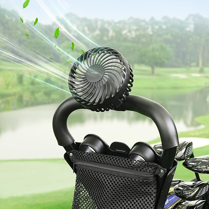 A2C Rechargeable Golf Cart Fan, 3 Speed Settings, 360° Rotation, Portable 4000mAh Battery Cooling Fan for EZGO, Club Car, Yamaha, Forklifts, Lawn Mowers, Fits 0.5"-1.5" Bars