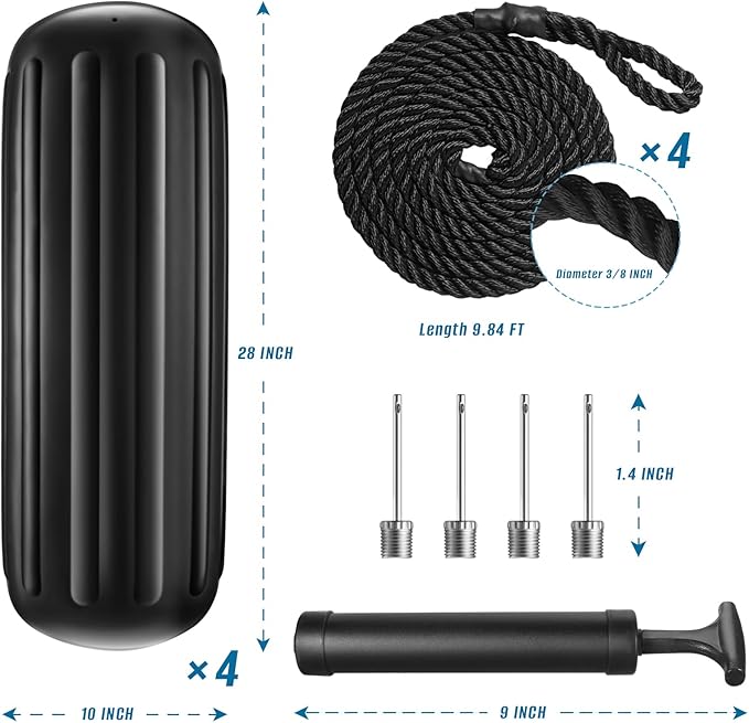 Boat Fenders 4 Pack 10 x 28 Inches Ribbed Center Hole Boat Fenders Bumpers for Docking, Comes with 4 Lines and Pump to Inflate