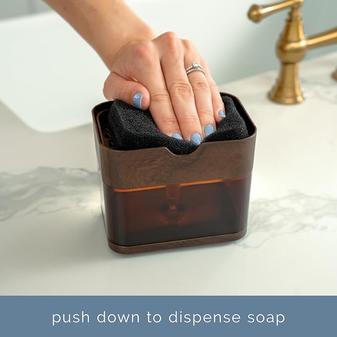 S&T INC. Dish Soap Dispenser and Sponge Holder, Plastic Walnut and Amber | - Image 2