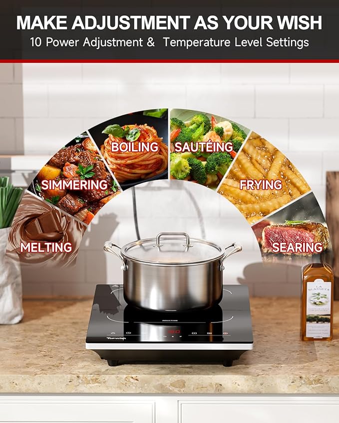 Portable Induction Cooktop, Hot Plate Countertop Burner with 10 Temp Levels, Timer, Auto-Shut-Off, Touch Panel, LED Display, Auto Pot Detection, Child Safety Lock