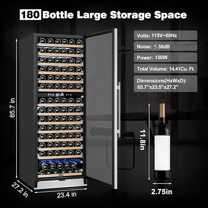 Tylza 24 Inch Wine Fridge Dual Zone, 180 Bottles Wine Cooler Refrigerator With Stainless Steel and Professional Compressor, Fast Cooling Low Noise and No Fog Built-in or Freestanding