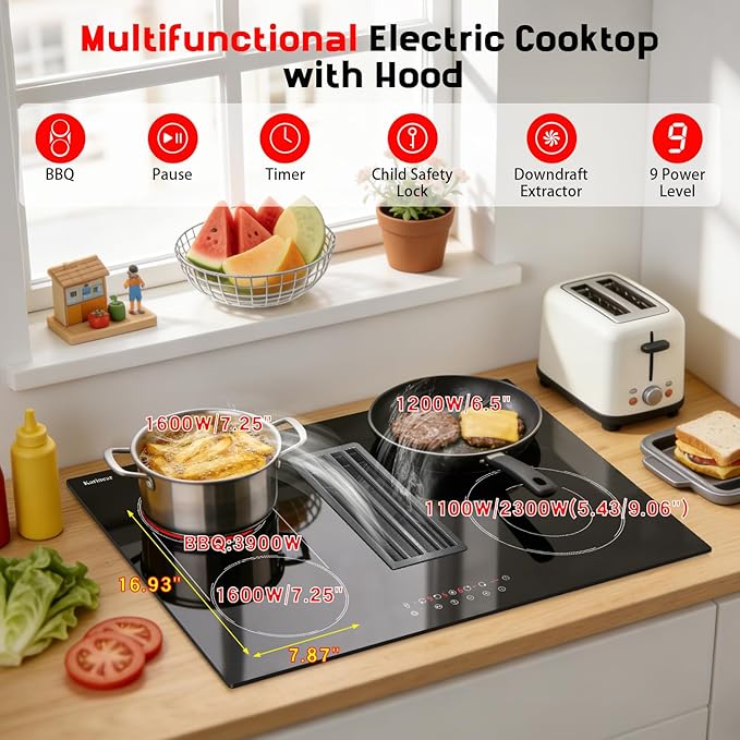 Karinear 30 Inch Downdraft Electric Cooktop with Ventilation System, 4 Burner 7400W Ceramic Glass Stove Top, BBQ Bridge Element & Dual Ring Burner, 9-Speed Fan, Timer, Child Lock, 240V(Ductless Mode)