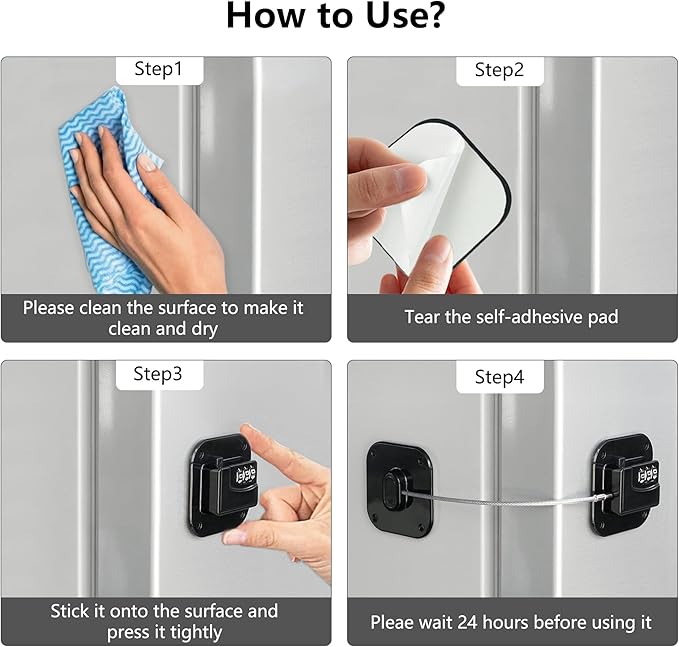 Refrigerator Lock, Heavy Duty Fridge Lock, Combination Lock for Refrigerator Cabinets, Drawers, Safety, Easy Install No Keys Needed (Black-2Pack)
