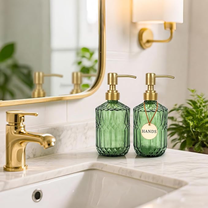 Green Glass Soap Dispenser, Kitchen Hand and Dish Soap Dispenser Set - Image 6