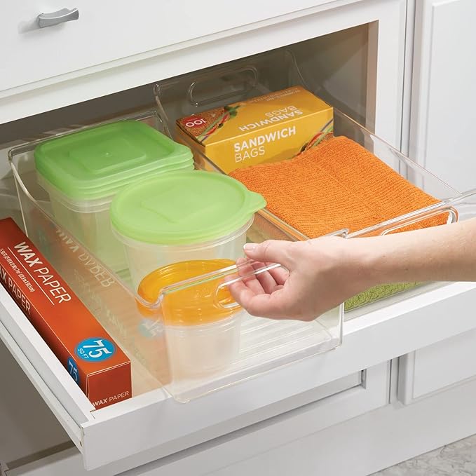 mDesign Slim Plastic Kitchen Pantry Cabinet, Fridge or Freezer Storage Bin with Handles - Organizer Containers for Fruit, Yogurt, Snacks, Pasta - 16" Long - Ligne Collection - 8 Pack - Clear