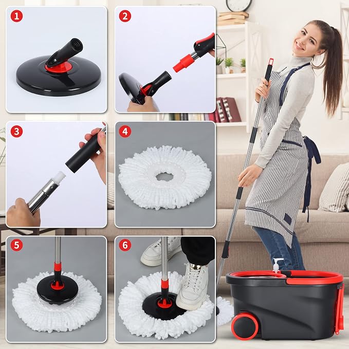 Spin Mop and Bucket with Wringer Set on Wheels, 3 Mop Heads - Image 3