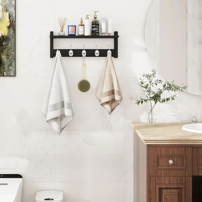 Wall Coat Rack With Shelf, Wood Entryway Hanger With Hooks, Small Floating Pegs - Image 3
