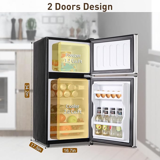 Mini Fridge with Freezer 3.2 Cu. Ft. Small Refrigerator with Freezer, 2 Door Dorm Fridge with Adjustable Thermostat & Shelves, Small Fridge for Apartment, College Dorm, Office, RV, Home, Silver