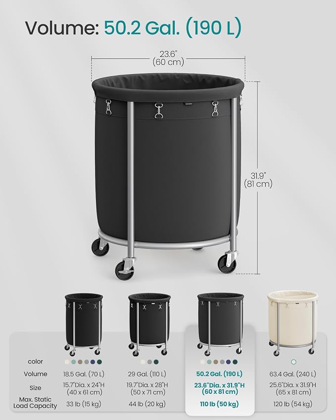 SONGMICS Laundry Basket with Wheels, Steel Frame, Removable Bag - Image 7