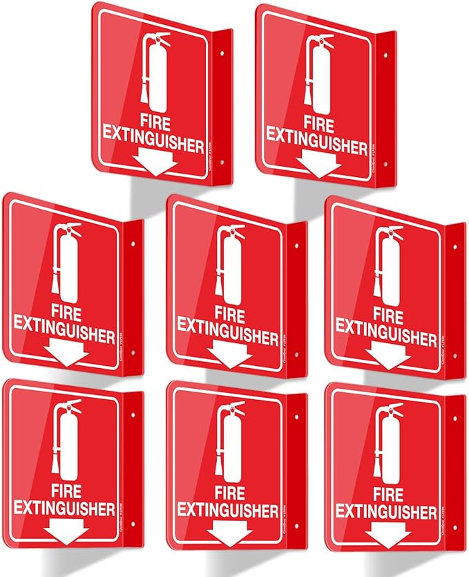 GicnKeuz Fire Extinguisher Sign, 6" x 6" Fire Extinguisher Projecting Sign with Down Arrow, Two-Sided Acrylic L-Signs, Including Screws, Easy to Install, Home Office/Business Use (8 Pack)