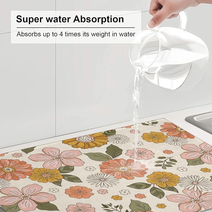 Pink Flowers Dish Drying Mat For Kitchen Counter, Super Absorbent Microfiber - Image 5