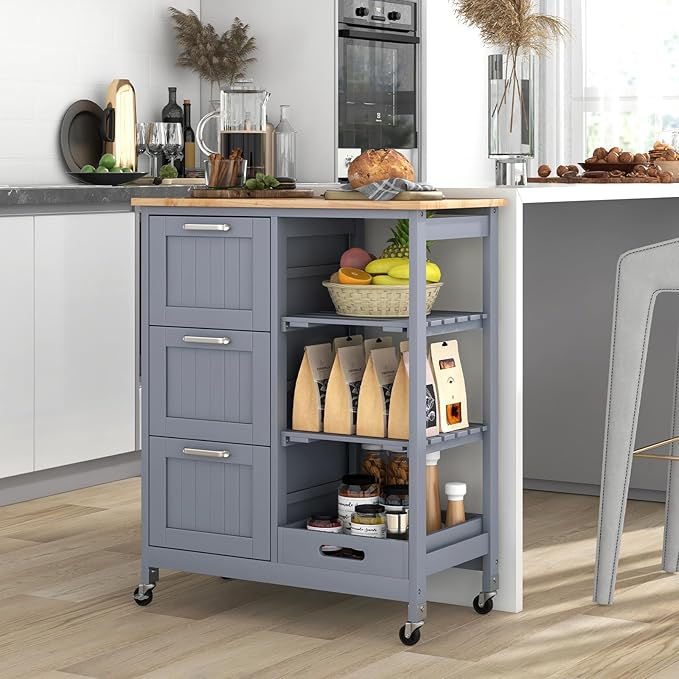 Giantex Kitchen Island Cart on Wheels, Rolling Utility Cart w/Rubber Wood Top, 3 Storage Drawers & 2 Removable Shelves & Removable Tray, Lockable Casters, Serving Cart for Dining Room, Bar, Grey