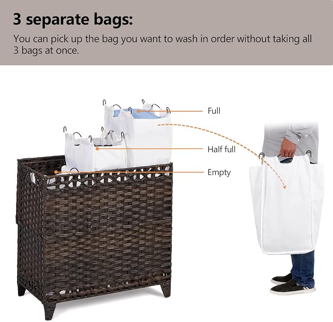 Laundry Hamper with 3 Removable Liner Bags, 132L Laundry Sorter with Lid - Image 3