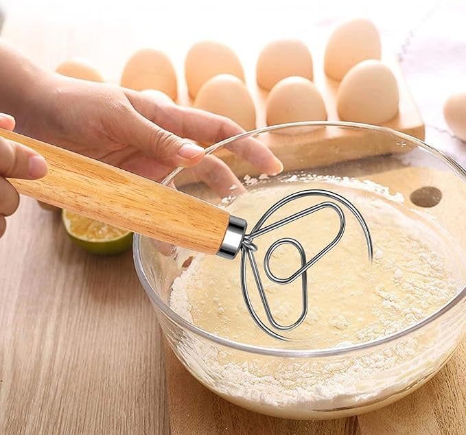 Danish Dough Whisk Stainless Steel Hook Dutch Bread Mixer for Sourdough Baking Hand Tool with Wooden Handle Making Blending Pastry Pizza Dough
