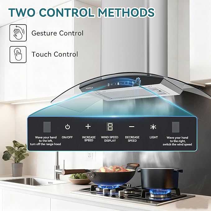 36 Inch Wall Mount Range Hood 700 CFM Ducted Vent Hood, Tempered Glass & Stainless Steel Filters - Gesture Sensing & Touch Control, 3-Speed, 2 LED Lights (Black Panel)